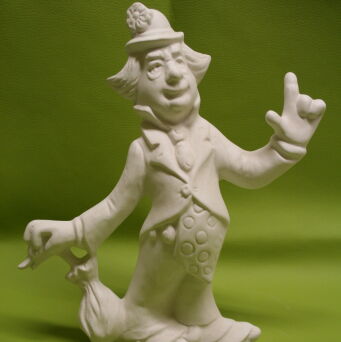 Klaun stojący z parasolką i palcem w górze