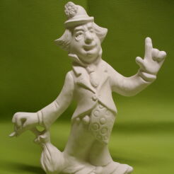 Klaun stojący z parasolką i palcem w górze